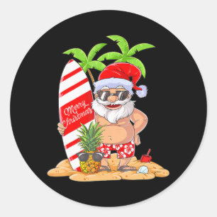 Sticker Rond Noël en juillet Père Noël Hawaiian Summer Surf