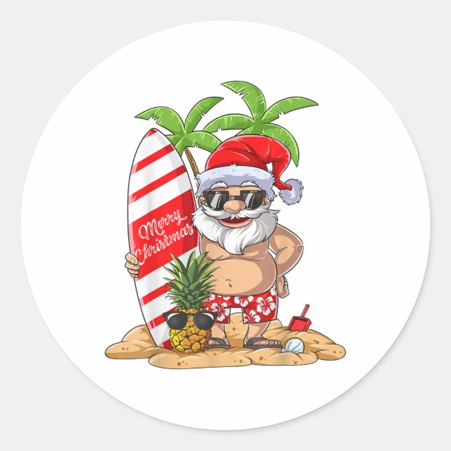 Sticker Rond Noël En Juillet Père Noël Hawaiian Surfing Cadeaux (Devant)