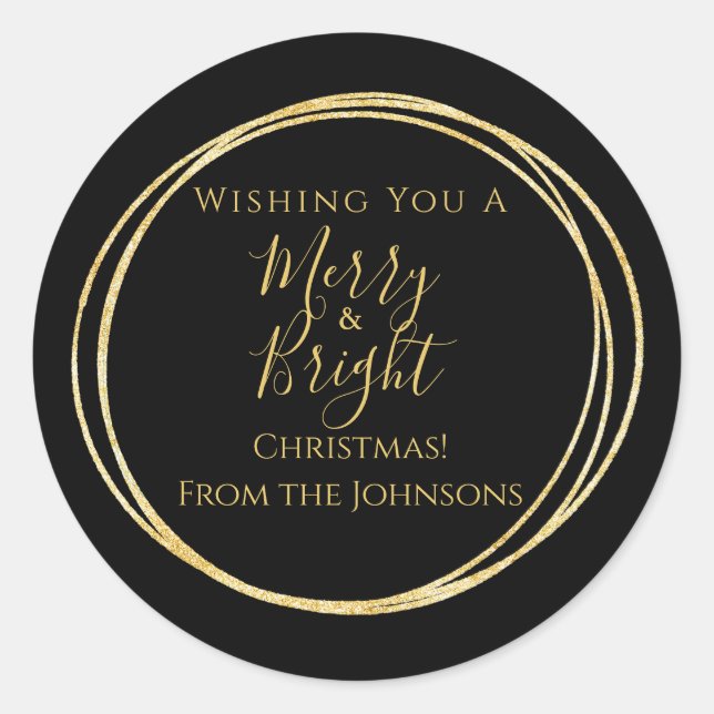 Sticker Rond Noël Famille Joyeuse et Lumineuse Noir Or (Devant)