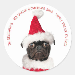 Sticker Rond Noël Festif mignon Carlin noir Chiot Père Noël