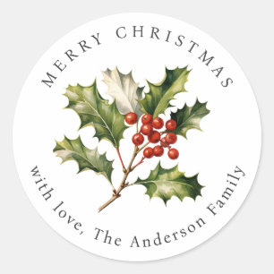 Sticker Rond Noël Fêtes Baies Rouges Houx Aquarelle