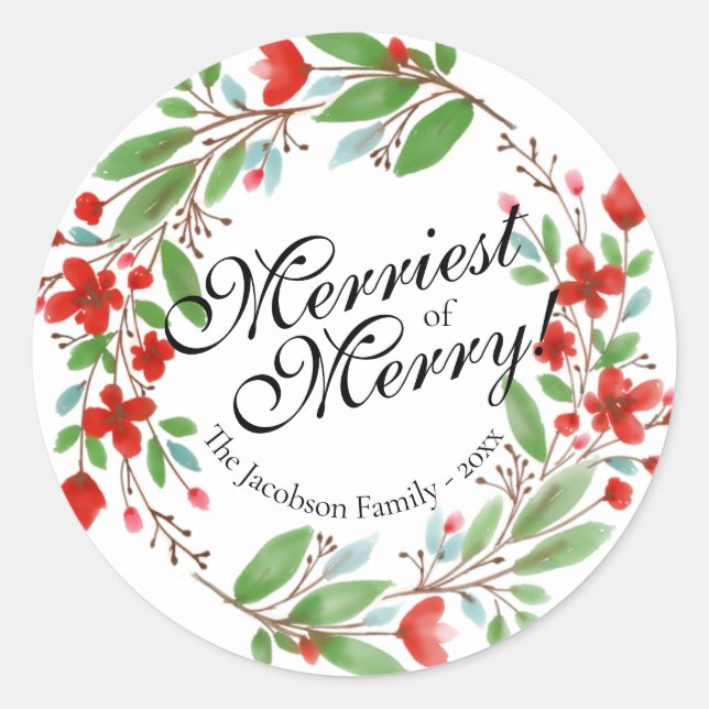 Sticker Rond Noël Floral Aquarelle le Plus Joyeux (Devant)
