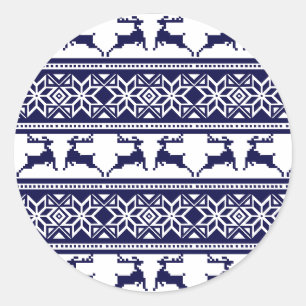 Sticker Rond Noël, Folk Scandinave Bleu et Blanc