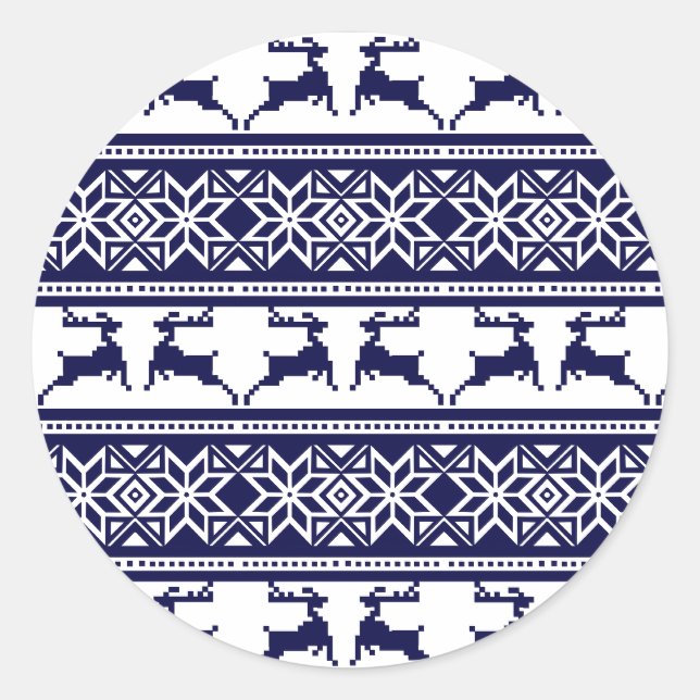 Sticker Rond Noël, Folk Scandinave Bleu et Blanc (Devant)