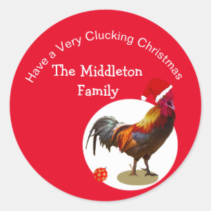 Sticker Rond Noël Fun Chicken Rooster Salutation Jaune