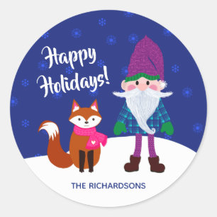 Sticker Rond Noël Gnome Fox Snowflakes Midnight Blue