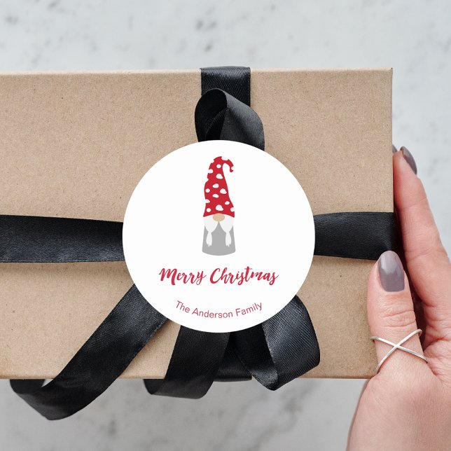 Sticker Rond Noël gnome rouge blanc nom de famille mignon (Créateur téléchargé)