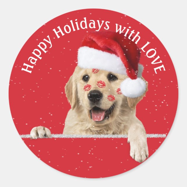 Sticker Rond Noël Golden Retriever rouge à lèvres baisers (Devant)