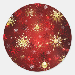 Sticker Rond Noël Golden Snowflakes sur Arrière - plan rouge