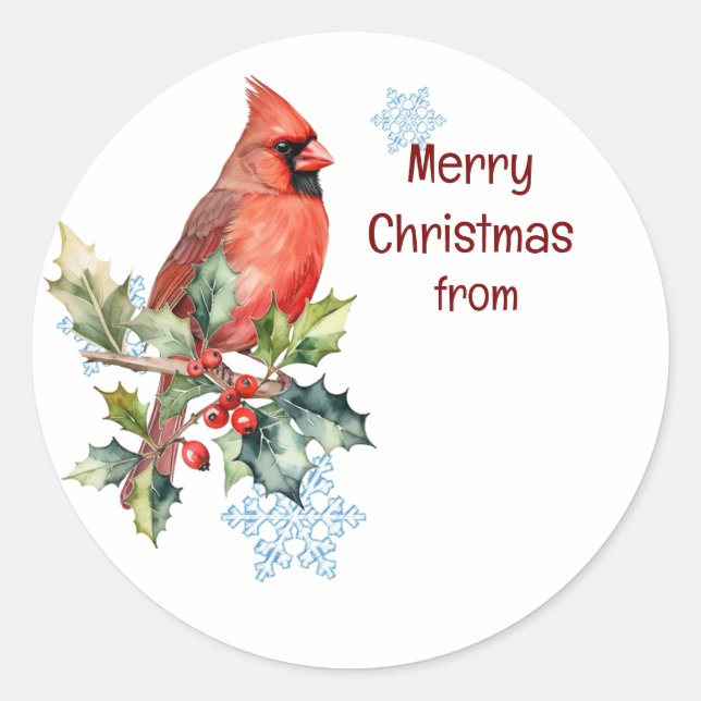 Sticker Rond Noël, hiver Cardinal Red Bird Berries Forest (Devant)