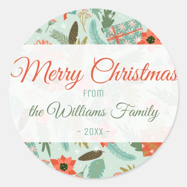 Sticker Rond Noël Hiver Thème Sage Vert Rouge Poinsettia (Devant)