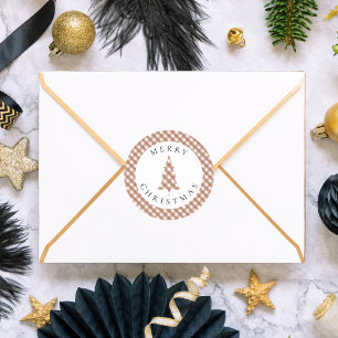 Sticker Rond Noël Joyeux Élégant Marron Gingham Carreaux Pin