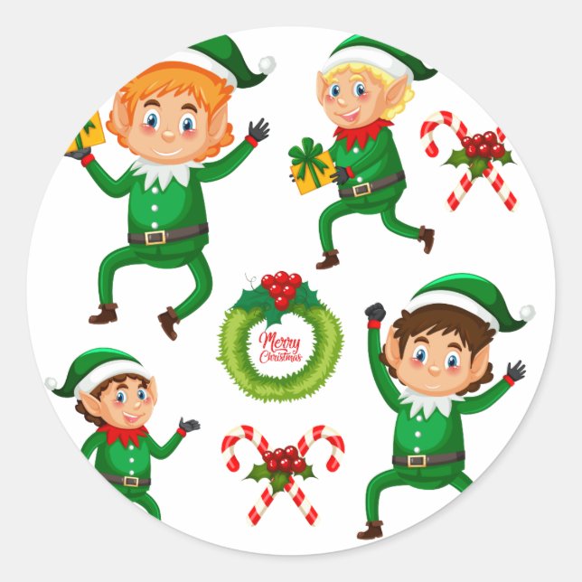 Sticker Rond Noël Joyeux elfe avec Motif cadeau (Devant)