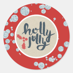 Sticker Rond Noël JOYEUX ET GAI Argent Paillettes Kraft Fêtes