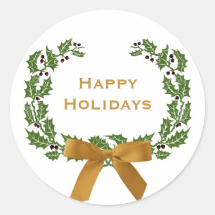 Sticker Rond Noël Joyeux Vacances Holly Wreath Simple