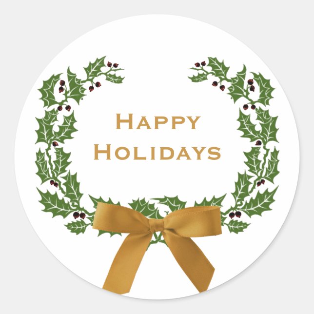Sticker Rond Noël Joyeux Vacances Holly Wreath Simple (Devant)