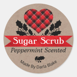 Sticker Rond Noël Kraft Peppermenthe Plaid Sugar Scrub Étiquett