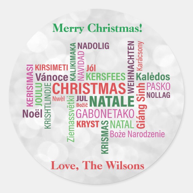 Sticker Rond Noël Langues Différentes Mot Cloud Personnalisé (Devant)