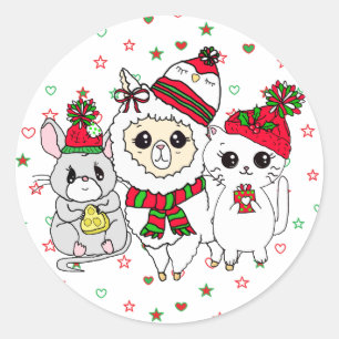 Sticker Rond Noël Llama, Kitten et Souris