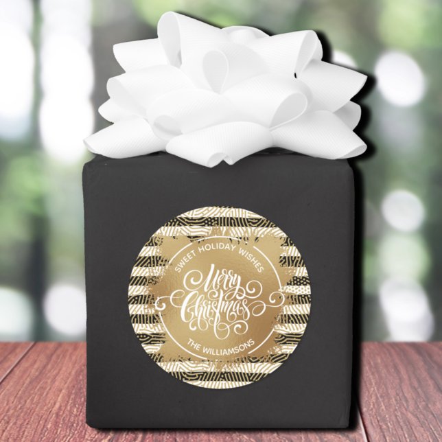 Sticker Rond Noël Maison de vacances Cuisine d'or (Merry Christmas on gold sweet holiday wishes homemade stickers on black and white stripes)