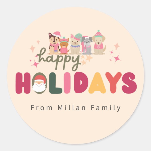 Sticker Rond Noël mignon famille chien moderne (Devant)