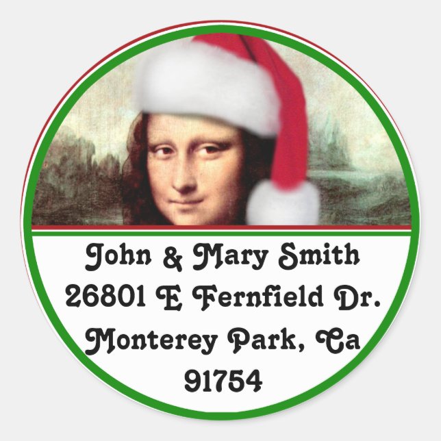 Sticker Rond Noël Mona Lisa avec chapeau de Santa (Devant)