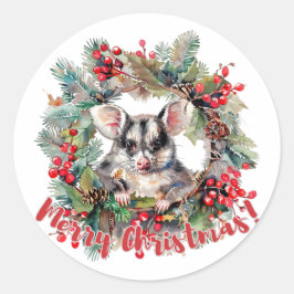Sticker Rond Noël Opossum Berries Holly Feuilles