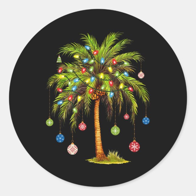 Sticker Rond Noël Palm Tree Lumière Hawaï Tropical Noël (Devant)