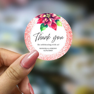 Sticker Rond Noël Parties scintillant rouge Poinsettia Merci Ma