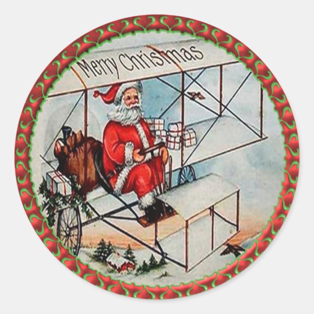 Sticker Rond Noël Père Noël pilotant un vieil avion (Devant)