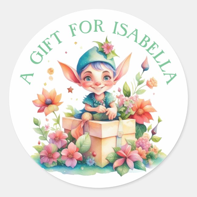 Sticker Rond Noël personnalisé de mignon petit elfe (Devant)