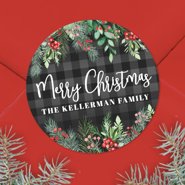 Sticker Rond Noël personnalisé Élégante Végétation (Greenery Plaid Merry Christmas Classic Round Sticker )