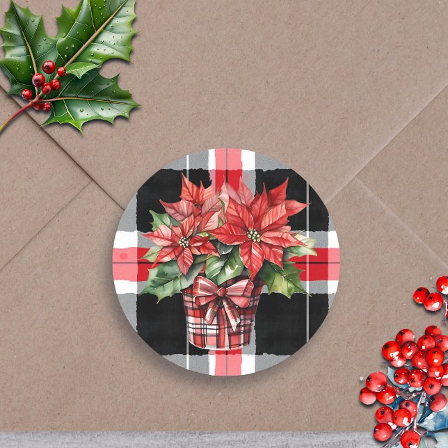 Sticker Rond Noël Poinsettia Aquarelle Festive Fête (Créateur téléchargé)