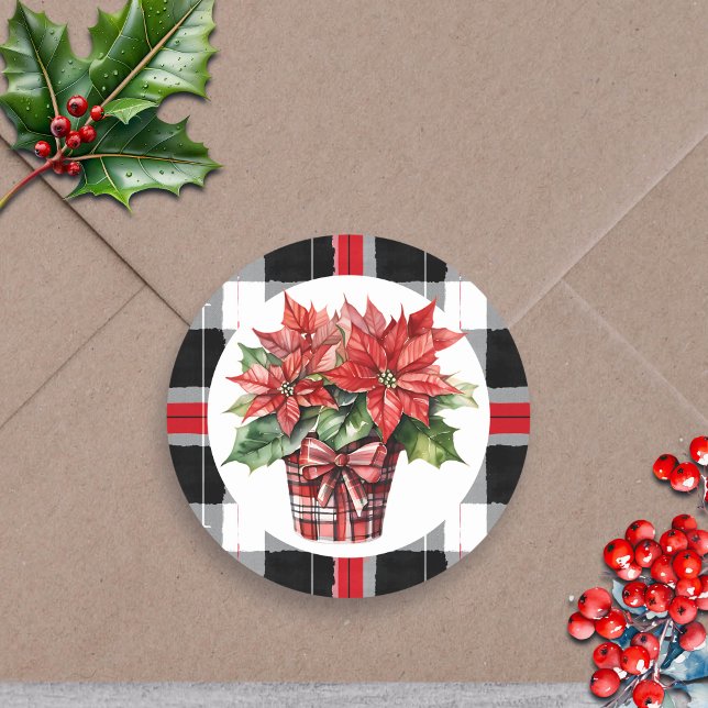 Sticker Rond Noël Poinsettia Aquarelle Festive Fête (Créateur téléchargé)