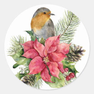 Sticker Rond Noël Poinsettia avec oiseaux