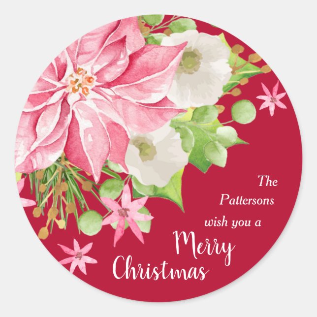 Sticker Rond Noël Poinsettia Floral Rouge Fête (Devant)