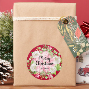 Sticker Rond Noël Poinsettia Floral Rouge Fête