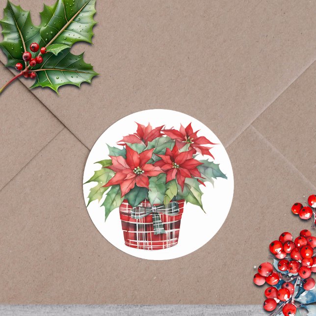 Sticker Rond Noël Poinsettia Plante Aquarelle (Créateur téléchargé)