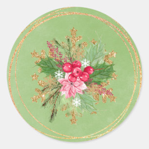 Sticker Rond Noël Poinsettia Red Berry Mariage or