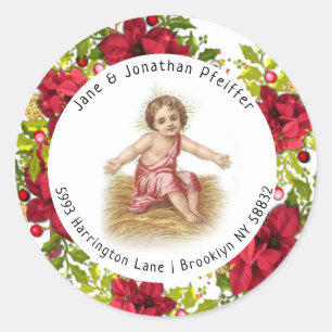 Sticker Rond Noël Pointsettia Baby Jesus Adresse