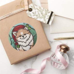 Sticker Rond Noël Poméranien en verre teint