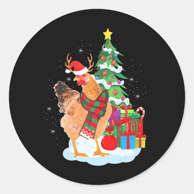 Sticker Rond Noël Poulet Père Noël Animaux de ferme amusants (Devant)