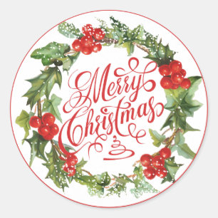 Sticker Rond Noël Red Green Wreath Holly Ivy Typographie