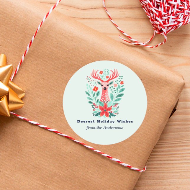 Sticker Rond Noël Reinder Floral Mint Holiday (Créateur téléchargé)