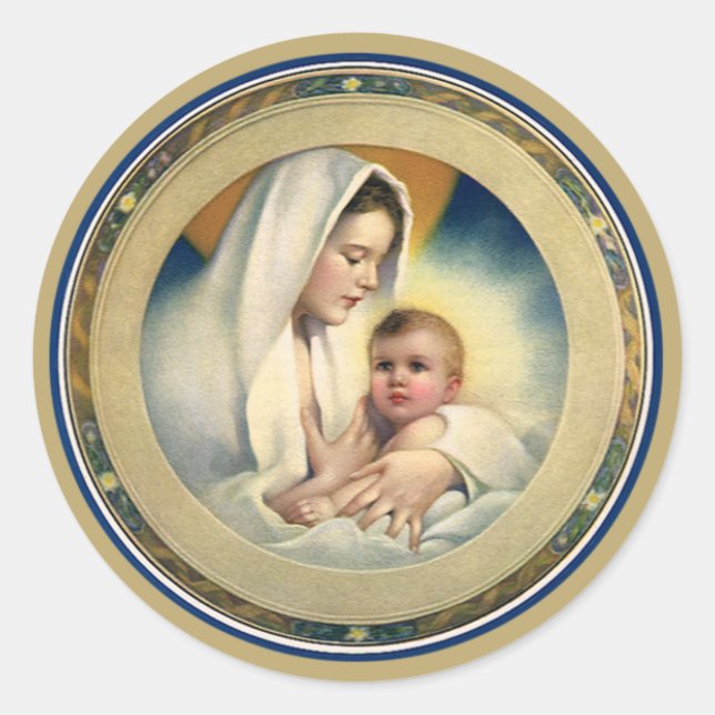 Sticker Rond Noël religieux vintage, Vierge et Enfant (Devant)