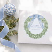 Noël Rond Ruban Bleu Aquarelle Verdure