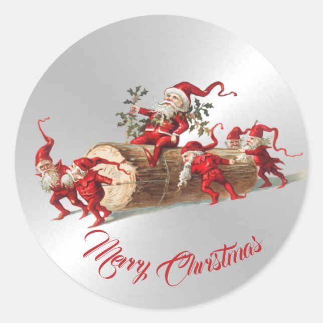 Sticker Rond Noël Rouge Elfes Beau Argent (Devant)