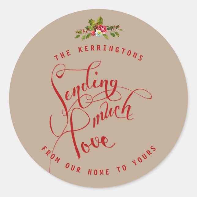 Sticker Rond Noël Rouge Envoi beaucoup d'amour Vacances Holly (Devant)