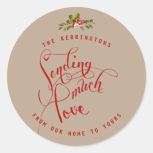 Sticker Rond Noël Rouge Envoi beaucoup d'amour Vacances Holly