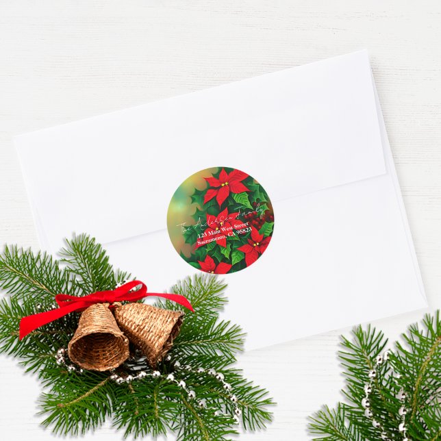 Sticker Rond Noël Rouge Poinsettia Fleurs Retourner l'adresse (Créateur téléchargé)